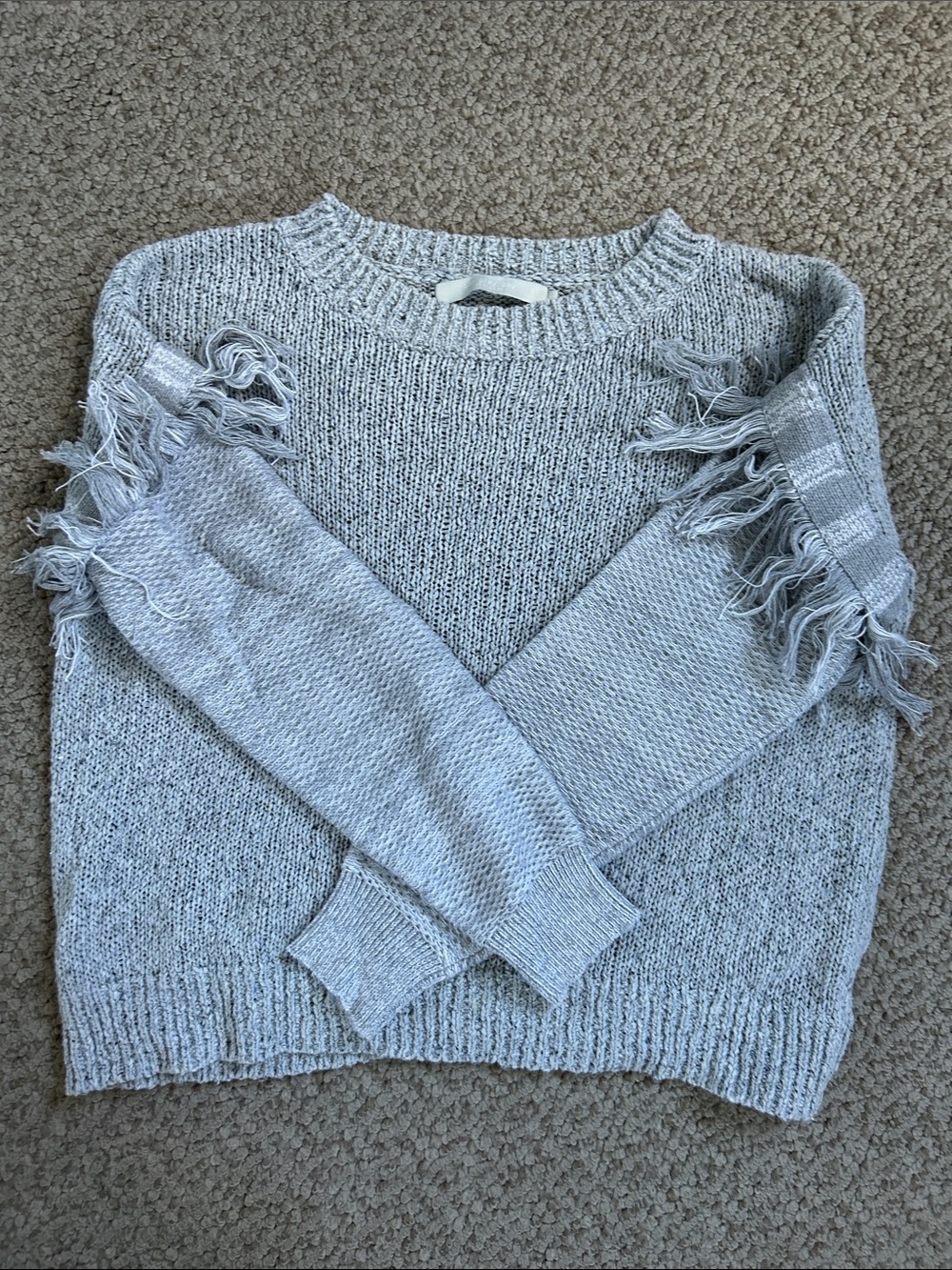 Fringe Sleeve Crewneck Sweater - Light Gray